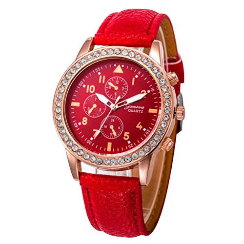 Relojes Pulsera Mujer, Xinan Relojes de Cuarzo de Cuero de Moda Banda Analógica (Rojo)