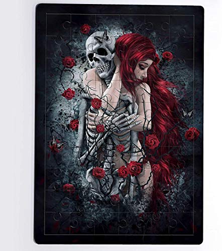 Rompecabezas 1000 piezas de rompecabezas de madera Puzzles de madera Rompecabezas gótico de pelo rojo mujer calavera calavera rosa roja 60MDF tablero