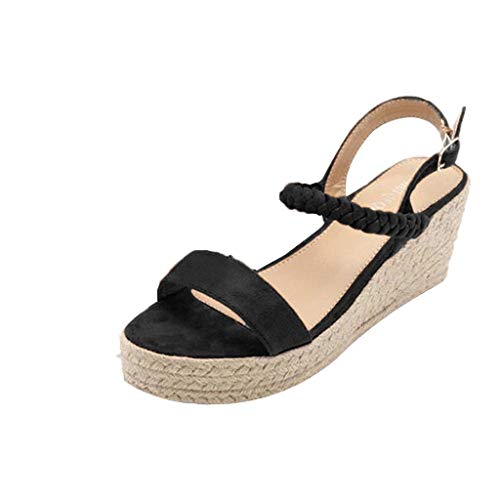 Sandalias Mujer Verano 2019 cuñas cáñamo Gran tamaño para Mujeres Sandalias con Puntera Abierta Correa de Tobillo Fondo Grueso Zapato Romanas Casual Negro 35-43 riou