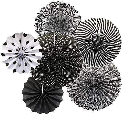 Set of 6Pcs Paper Fan Black Colour Line and Dotted Design 2 Large 2 Medium and 2 Small Size for Party Decoration