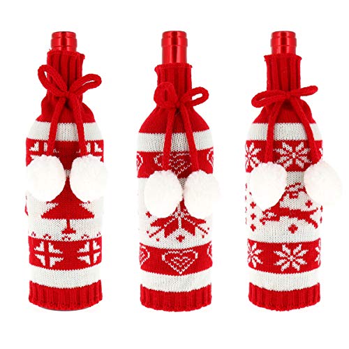 Shipitnow - Lote de 3 fundas para calcetines, botella de vino, Navidad, diseño de copo de árbol y reno, color rojo y blanco con pompón, funda para botellas, mesa de Navidad