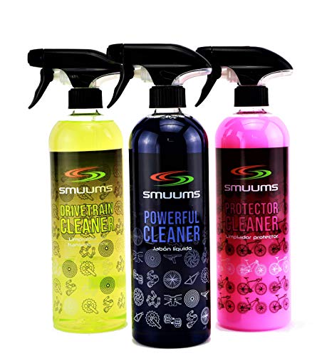 SMUUMS Bike - Pack Desengrasa, Lava y Protege. 3 Limpiadores de 750ml - Mantenimiento Cadena, Cassette, Plato, Cambio, Cuadro, Discos, Suspensiones y Componentes de tu Bicicleta.