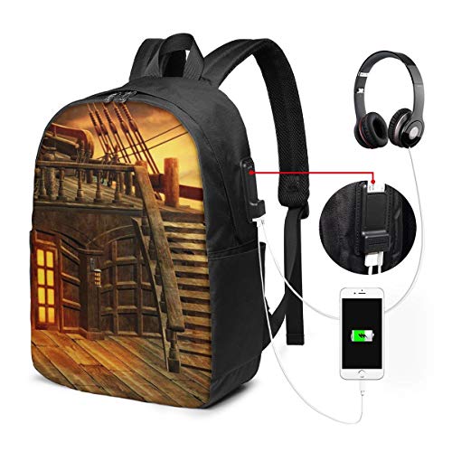 SNFDFS Mochila Bolsas con Puerto USB 15,6 Pulgadas, Moda Mochila De Viaje Camping Casual Mochila Escaleras de Barco Pirata de Cabina Mochila Escolar Mochila