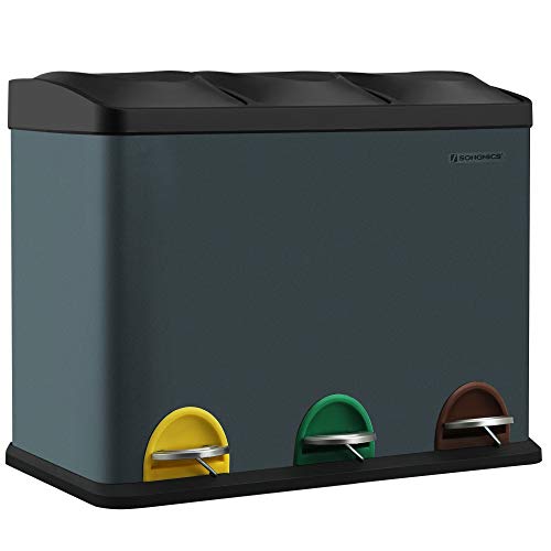 SONGMICS Cubo de Basura, Basurero de Pedal Reciclaje, Basurero de 45L de Metal, Separación de Residuos para Cocina, Duradero, 3 x 15 Litros, Acero Inoxidable, Gris Ahumado y Negro LTB45G