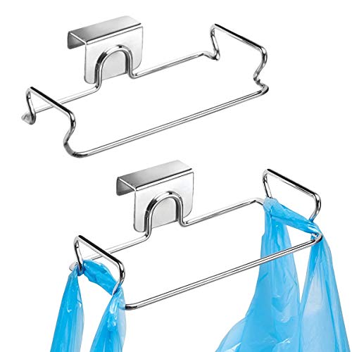 Soporte para bolsa de basura colgante de acero inoxidable, para puerta trasera, bolsa de basura para armarios de cocina, práctico resistente, para debajo del mostrador sobre la puerta, 2 unidades