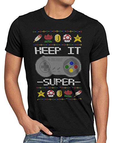 style3 Keep it Super Suéter de Navidad Camiseta para Hombre T-Shirt NES T-Shirt Ugly Sweater x-mas SNES, Talla:M