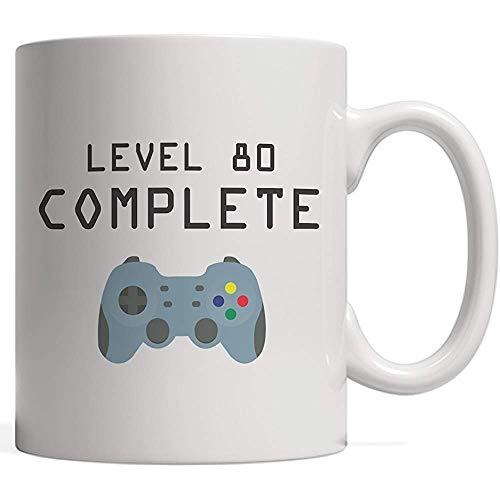 Taza de café completa de nivel 80: un regalo genial para juegos de Geek para amantes de los videojuegos de ochenta años para celebrar su feliz cumpleaños número 80 como un logro desbloqueado. Con cont