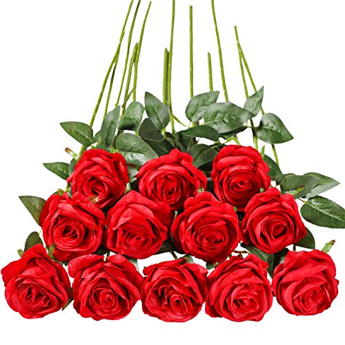 Tifuly 12 PCS Rosas Artificiales, Realista Largo Tallo Falso Rosa Seda Nupcial Ramo de Novia Flor para Home Garden Party Hotel Decoración