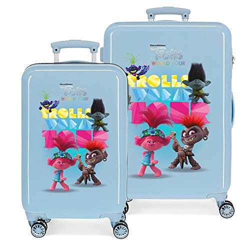 Trolls World Tour Juego de maletas Azul 55/65 cms Rígida ABS Cierre combinación 93L 4 ruedas dobles Equipaje de Mano