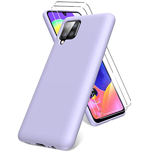 Vansdon Funda Compatible con Samsung Galaxy A12, 2 Unidades Protector Pantalla Cristal Templado, Silicona Líquida Gel Ultra Suave Funda- Morado