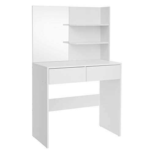 VASAGLE Tocador Moderno con 2 Cajones, Mesa de Maquillaje Rectangular con Espejo, Estantes Abiertos y Esquinas Redondeadas, para Dormitorio, Blanco, 2 Cassetti