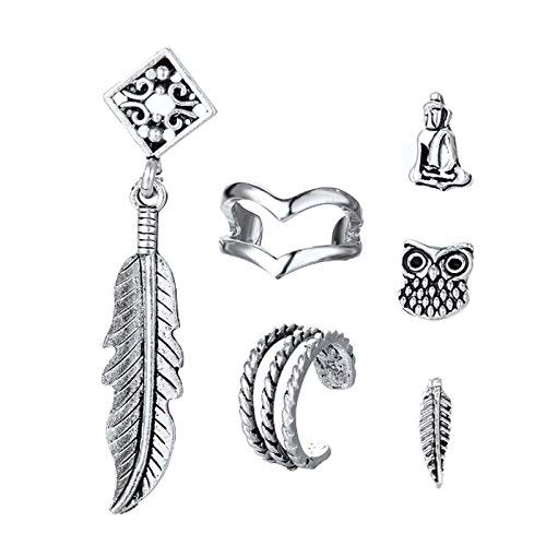 Vaugan 6 Pcs/Set Moderno Bohemia Mujer Pendientes Kit Clip para Oreja Geométrico Pluma Hoja Búho Pendiente a Presión Joyería Accessorios Regalos