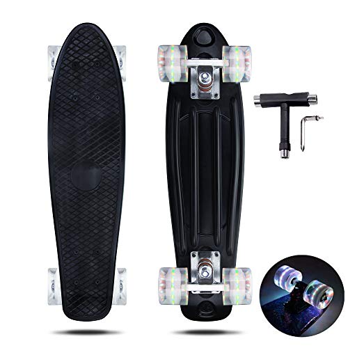 VERNBRIN Skateboards Mini Cruiser Retro Skateboard, monopatín de plástico completo, 22 pulgadas, para principiantes, adolescentes y adultos, ruedas con luz LED con herramienta en T todo en uno