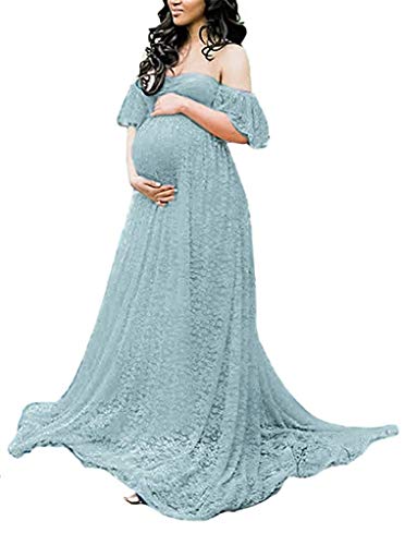 Vestido de maternidad para mujer con hombros descubiertos, vestido de encaje de flores para embarazadas, para fotografía elegante, para embarazadas, cuidado de enfermería azul claro L