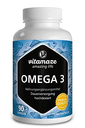 Vitamaze® Omega 3 1000 mg por Capsula, Puro Aceite de Pescado con 400 mg (40%) EPA y 300 mg (30%) de DHA por Cápsula para 3 Meses, FOS Certificado, Calidad Alemana