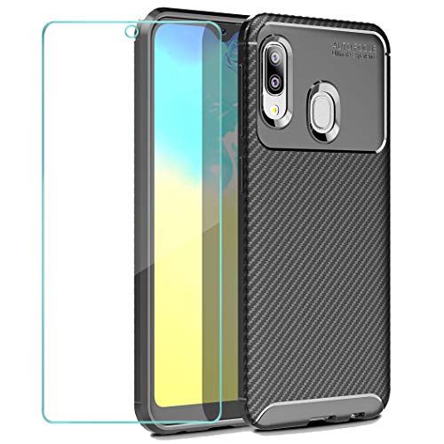 Wanxideng - Funda para Samsung Galaxy A20e + Protectore de Pantalla in Cristal Templado, [Textura de Fibra de Carbono] Carcasa de Armadura Resistente Funda de Silicona Suave y Delgada - Negro