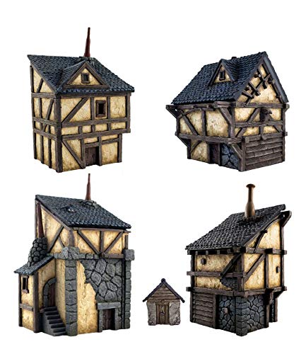 War World Gaming Fantasy Village - Set de 4 Casas - 28mm Wargaming Medieval Miniaturas Maquetas Dioramas Edificios Wargames Guerra Aldea Edad Media