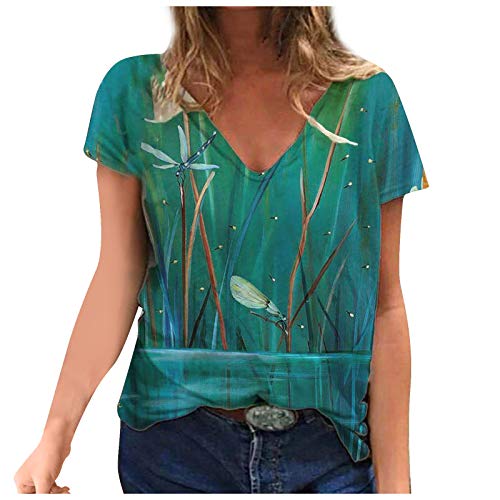 YANFANG Blusa de Camiseta con Cuello en V con Estampados de Manga Corta de Talla Grande para Mujer Casual Verano Basica Buen Juego, Green,S