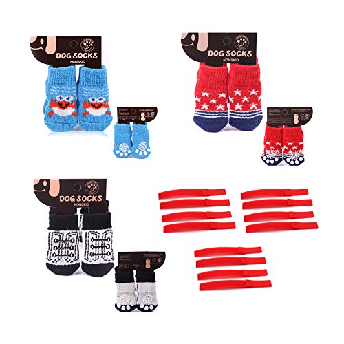 Yemiany Calcetines para Perros,Zapatos para Perros,12PCS Calcetines para mascotas Calcetines para gatos Protector de patas con 12 calcetines de vendaje antideslizantes para uso en exteriores(3juegos)