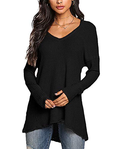 YOINS Camiseta Mujer de Manga Larga Camisa con Hombros Fríos Color Sólido Cuello en V Blusa Negro-Nuevo L