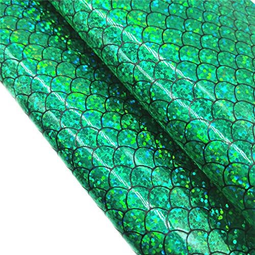 ZAIONE Rollo de papel de sirena de 21 cm x 135 cm, diseño de escamas de pez holográficas, lentejuelas, lazo de piel sintética, para manualidades, costura, patchwork, manualidades (verde)