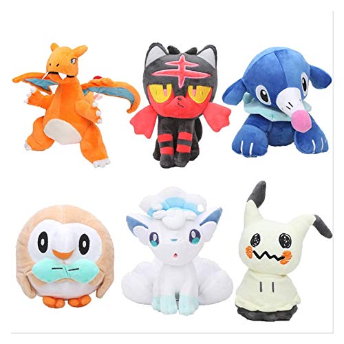 ZJSXIA 6 unids Anime Pokemon Peluche Juguete Charizard eevee Litten Rowlet Popplio Alola Vulpix mimikyu Peluche Juguete Peluche muñeca para niños 18-28cm Pokemon Figuras