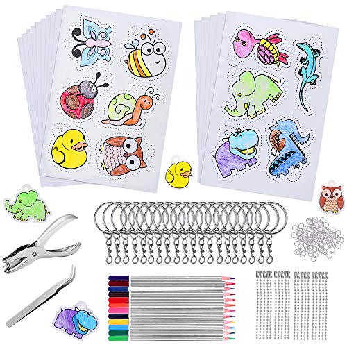 169 Pcs Plástico Mágico Shrink Plastic, incluyen 15 Piezas Papel Retráctil de Calco 140 Llaveros Accesorios Lápiz de Color Perforadora y Pinzas para Artesanía Creativa