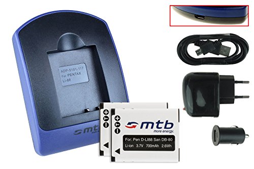 2 Baterìas + Cargador (USB/Coche/Corriente) para Pentax D-Li88 / Panasonic VW-VBX070 / Sanyo DB-L80 / Toshiba PX1686. - Ver Lista
