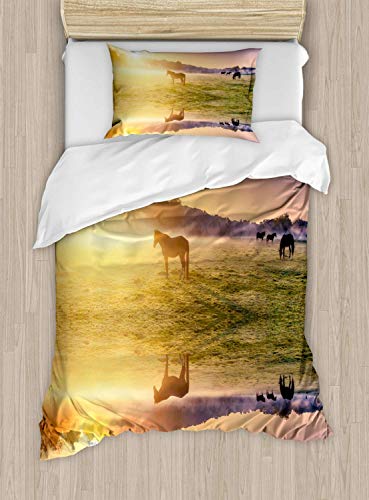 459 Nature Horse Valley in South with a Lake Reflection and Sun Rising Above Mountains Print - Juego de cama decorativo de 2 piezas con 1 funda de almohada, tamaño individual, color amarillo pálido