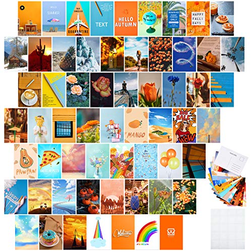 60 Piezas Kit de Collage de Pared Estética Naranja con Posterior de Postal 4 x 6 Pulgadas Impresión de Arte de Pared, Colección de Fotos Dormitorio, Carteles Pequeños para Adolescentes