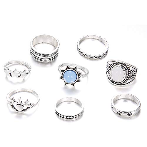 AchidistviQ Juego de 7 anillos bohemios para mujer, diseño de estrella de ojo de imitación con piedra preciosa Kunckle Midi de plata envejecida