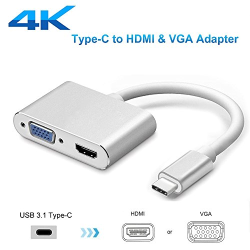 Adaptador USB C a HDMI VGA, adaptador USB HuiHeng USB C 3.1 Tipo C a VGA HDMI UHD Adaptador Plug and Play con carcasa de aluminio para Macbook 2017/2016 Chromebook Pixel