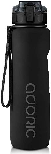 ADORIC Botella Agua Deporte Botella Agua Gimnasio Plastico con Filtro 500ml a 1000ml - No Tóxico sin BPA con Tapa Abatible (Negro 1000ml)