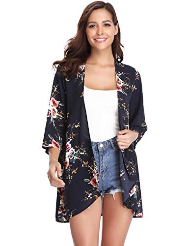 Aibrou Cárdigan Kimonos Mujer Camisolas y Pareos Pareo Playa,Cardigan Verano Manga 3/5 Tops Blusa Floral Suelta,Vacaciones Playa Chal,(Armada, S)