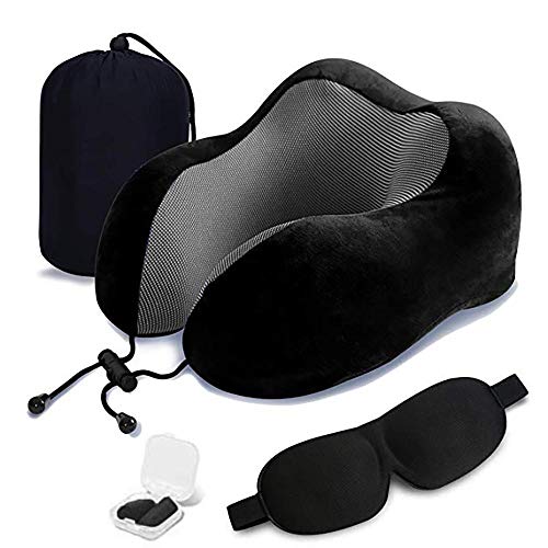 Almohada de Viaje Viscoelástica de Espuma de Memoria, Almohada de Cuello, Almohadas de Acampada, Almohada Ortopédica Cervica, Soporte de Cuello, con Máscara de Ojos y Tapones (Black)