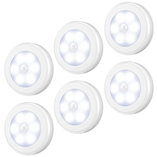 AMIR Luz Nocturna, (6 LED 6 Paquete) Luz Armario Led con Almohadillas Adhesivas e Imán de 3 Metro, Luz Sensor Movimiento para Habitación Bebé, Niños, Pasillos, Armario, Sótano, Cocina, Garaje-Blanco