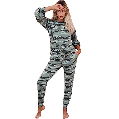 ANUFER Mujer Casual Manga Larga Chandal 2 Piezas Longitud Total Conjunto de Loungewear Tops + Jogger Camuflaje SN07801 XL