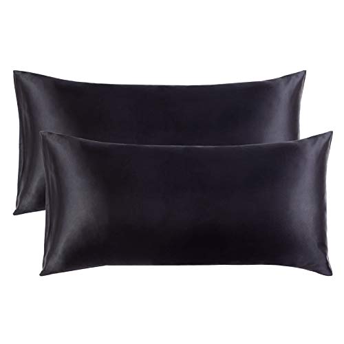 Bedsure Funda Almohada 40x80cm Satén Negro - Juego de 2 Fundas Almohadas 80x40 Pelo Rizado, Muy Liso Suave de 100% Microfibra, Antiarrugas sin Cremallera, 2 Piezas