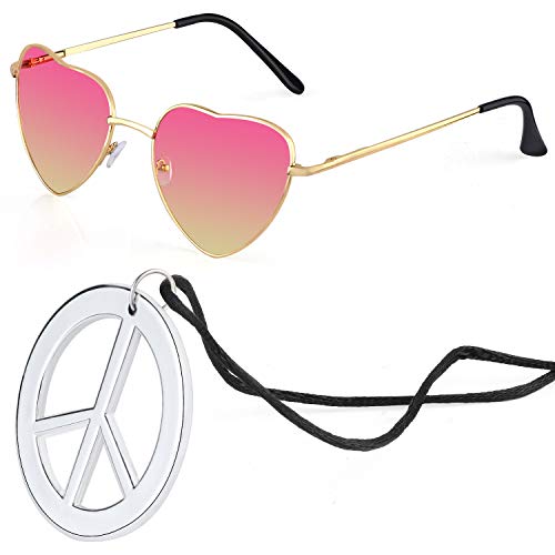 Beelittle Conjunto de Accesorios de aderezo Hippie Gafas de Sol en Forma de corazón Marco de Metal Fino Estilo de corazón y Signo de la Paz Collar (Rosa Amarillo)