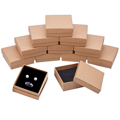 BENECREAT 16 Pack Cajas de Cartón Kraft para Collar 7x7x3cm Pequeña Caja de Regalo Cuadrada de Pulsera y Pendientes Cumpleaños Boda Festival Día de San Valentín