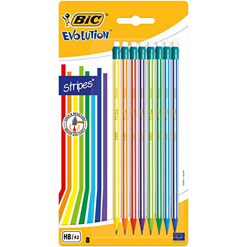 BIC Evolution Stripes Lápices de Grafito HB con Goma – colores Surtidos, Blíster de 8 unidades