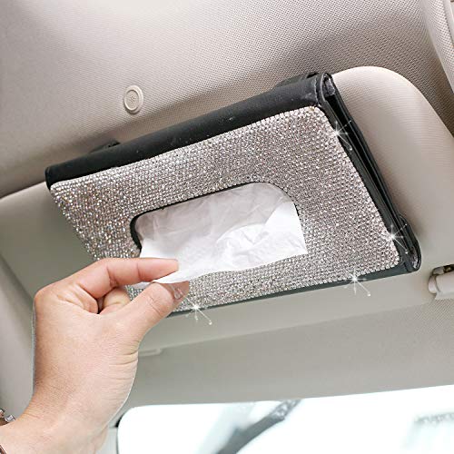 Bling Bling Car Tissue Holder, Servilletero de Coche Brillante de Cristal, Accesorios de Coche para Mujer con Caja de pañuelos con Visera Solar de Piel sintética, Color Negro.