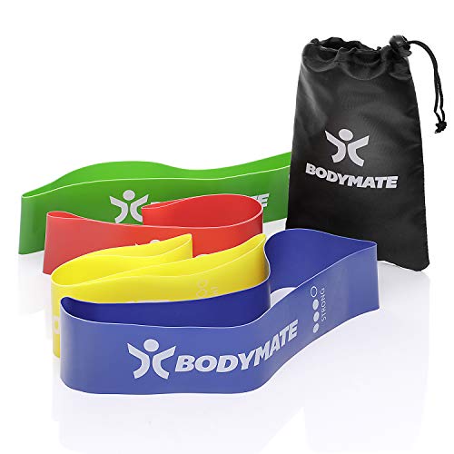 BODYMATE Juego de Bandas de Fitness de 4 grosores, con Bolsa de Transporte | 60 cm de extensión x 5 cm de Ancho | Banda para Gimnasia, Banda de Fitness, Banda elástica de látex Natural