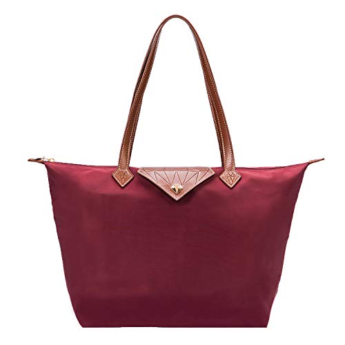 BOJLY Bolsos Totes para Mujer,Bolsos para las mujeres Diamante Nylon Tote Bag Ladies Shopping Plegable Tote Bolsa de viaje de playa Impermeable Casual Rojo Grande