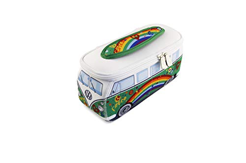 BRISA VW Collection Volkswagen VW T1 Bus Bolsa Universal de Neopreno, Estuche para lápices, Caja de papelería, Neceser, Bolso de Maquillaje-Cosméticos-Aseo para Escuela/Oficina/Regalo - Peace/Verde