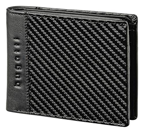 Bugatti Comet Cartera Hombre Piel 10CC, Billetera Hombre, Carteras para Hombre Formato Horizontal, Pequeña - Negro