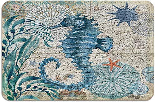 Caballito de mar Océano Animal Mapa náutico Felpudo PVC Alfombras con Respaldo de Goma Alfombras de Piso Alfombra Antideslizante para Puerta de Entrada Interior Exterior Retro