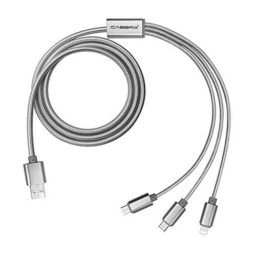 CABBRIX 3en1 Multi Cable Plata 1,5m / 2m Micro USB/Phone/USB Tipo C Compatible con Phone XS/XR/ 8/8 Plus Andriod Dispositivos/Samsung/Kindle/Huawei/ PS4/ Xbox/Sony (1,5 Meter (Plata), 3X 3en1)