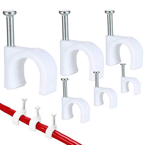 Clip de cable redondo SANTOO 600 piezas con clavo de acero, abrazadera de cable, 4 mm / 5 mm / 6 mm / 8 mm / 10 mm, para fijación y organizador de cables, blanco