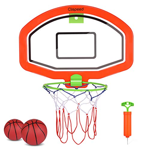 CLISPEED Minicanasta de baloncesto para interior y exterior, juego de baloncesto para niños, 2 pelotas y bomba, incluye